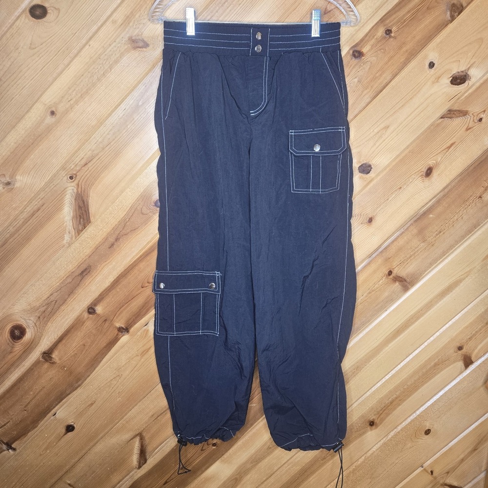 No Comment‎ Y2K Parachute Pants Black Medium Drawstring Utility Grunge Baggy